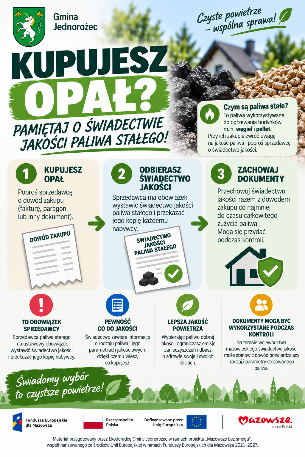 Grafika informacyjna Gminy Jednorożec dotycząca świadectwa jakości paliwa stałego. Przypomina, że&nbsp;przy zakupie węgla lub&nbsp;pelletu sprzedawca ma obowiązek przekazać nabywcy kopię świadectwa jakości paliwa, kt&oacute;re warto zachować wraz z&nbsp;dowodem zakupu.