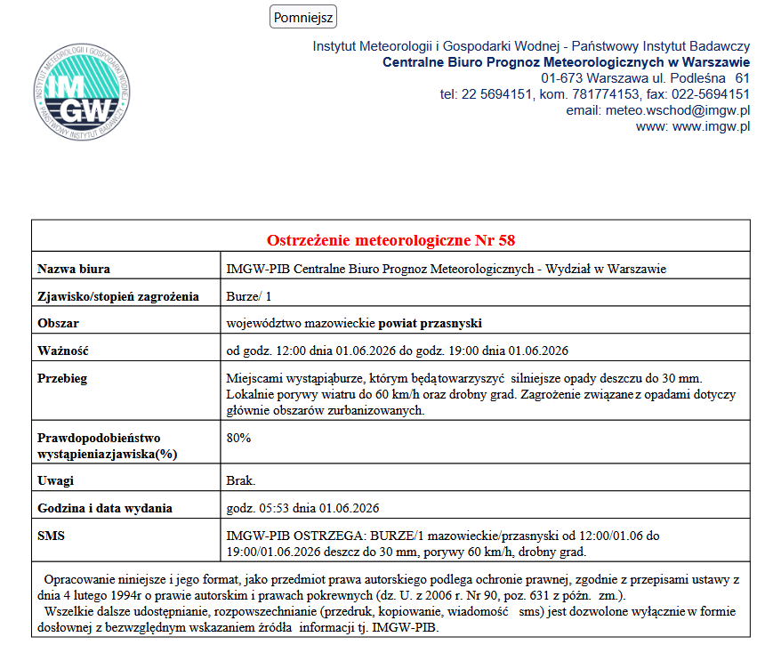Ostrzeżenie meteorologiczne Nr 58 - IMGW-PIB Centralne Biuro Prognoz Meteorologicznych - Wydział w&nbsp;Warszawie