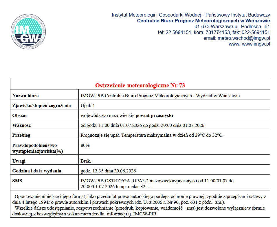 Ostrzeżenie meteorologiczne Nr 73 - IMGW-PIB Centralne Biuro Prognoz Meteorologicznych - Wydział w&nbsp;Warszawie