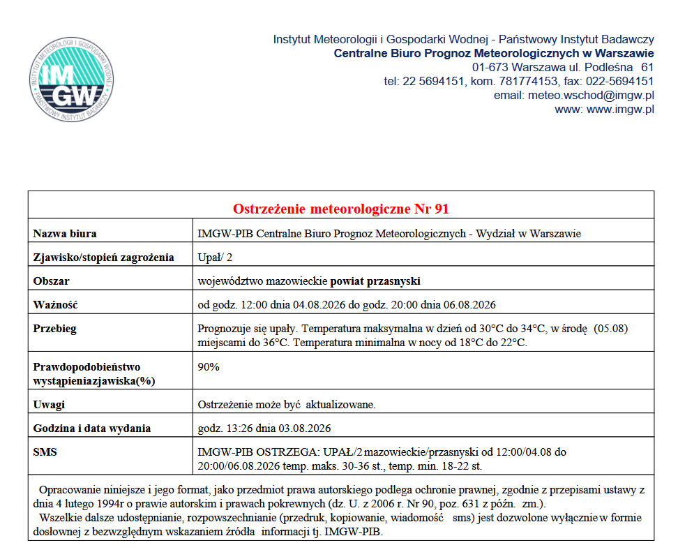 Ostrzeżenie meteorologiczne Nr 91 - IMGW-PIB Centralne Biuro Prognoz Meteorologicznych - Wydział w&nbsp;Warszawie