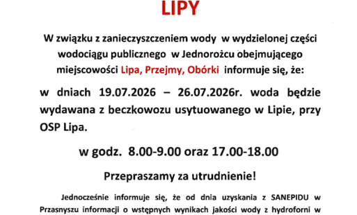 Zdjęcie do UWAGA MIESZKAŃCY LIPA - harmonogram dostaw wody