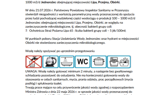 Zdjęcie do UWAGA MIESZKAŃCY LIPA, OB&Oacute;RKI, PRZEJMY - komunikat ws. przydatności wody