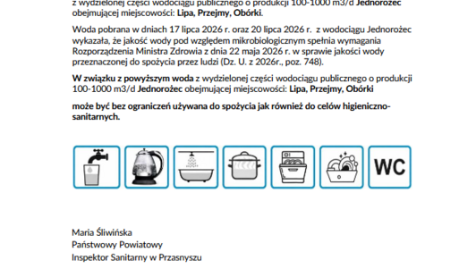 Zdjęcie do UWAGA MIESZKAŃCY LIPA, OB&Oacute;RKI, PRZEJMY - komunikat ws. przydatności wody