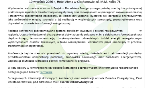 Zdjęcie do Zaproszenie do udziału w konferencji &bdquo;Inwestycje, wyzwania, doradztwo &ndash; zielona transformacja w praktyce&rdquo;