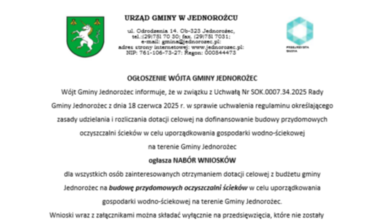 Zdjęcie do Ruszył nab&oacute;r wniosk&oacute;w o udzielenie dotacji celowej na budowę przydomowych oczyszczalni ściek&oacute;w