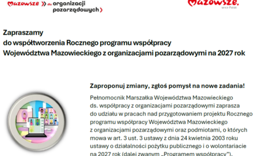 Zdjęcie do Zaproszenie do wsp&oacute;łtworzenia rocznego programu wsp&oacute;łpracy Wojew&oacute;dztwa Mazowieckiego z organizacjami pozarządowymi na 2027 rok