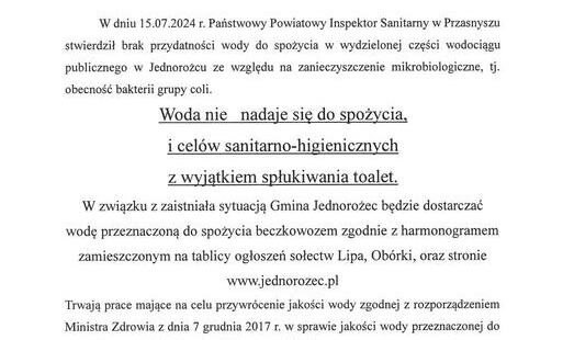 Zdjęcie do KOMUNIKAT W&Oacute;JTA GMINY JEDNOROŻEC dla mieszkańc&oacute;w miejscowości:  Lipa, Ob&oacute;rki, Przejmy