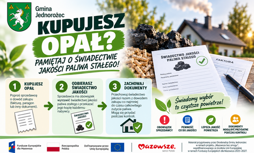 Grafika informacyjna Gminy Jednorożec dotycząca świadectwa jakości paliwa stałego. Przypomina, że przy zakupie węgla lub pelletu sprzedawca ma obowiązek przekazać nabywcy kopię świadectwa jakości paliwa, które warto zachować wraz z dowodem zakupu.