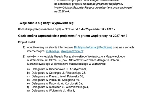 Konsultacje projektu „Rocznego programu współpracy Województwa Mazowieckiego z organizacjami pozarządowymi oraz podmiotami wymienionymi w art. 3 ust. 3 ustawy o działalności pożytku publicznego  i o wolontariacie na 2027 rok”